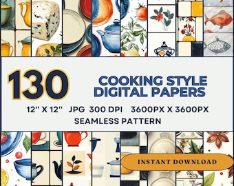 130 Cooking Tile Seamless Pattern Digital Paper - Kitchen Tile Collection Mega Bundle - Scrapbooking Chef Clipart - Cooking Pattern Digital