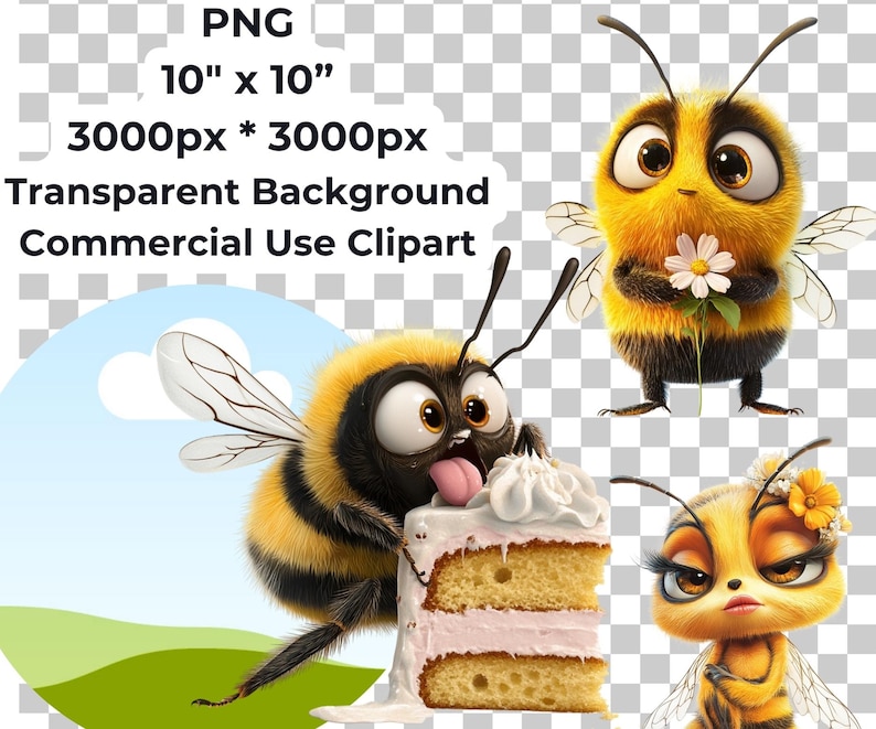 90+ funny bee clipart PNG bundle featuring quirky bumble bee stickers, cute cartoon bees, silly honeybee illustrations, whimsical bee art for scrapbooking, crafts, greeting cards, digital downloads, social media, POD & DIY projects. Transparent background, high-res 300 DPI.