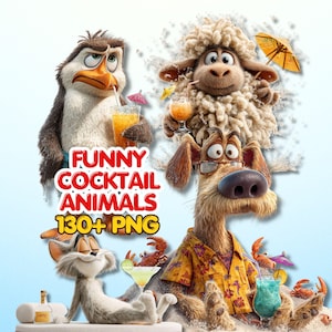 Puede incluir: Una ilustración digital que muestra un pingüino, una oveja esponjosa, un perro con camisa floral y un gato, todos sosteniendo cócteles coloridos con sombrillas. El texto dice FUNNY COCKTAIL ANIMALS 130+ PNG. La escena incluye pequeños cangrejos.