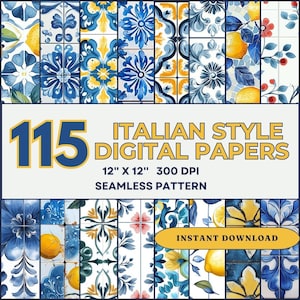 115 Śródziemnomorski wzór bez szwu cyfrowy papier - włoski zestaw płytek Mega Bundle - Scrapbooking akwarela cytryna clipart Azulejo