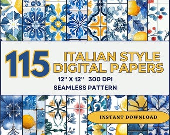 115 Mediterranean Tile Seamless Pattern Digital Paper - Italian Tile Collection Mega Bundle - Scrapbooking Watercolor Lemon Clipart Azulejo