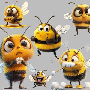 90+ funny bee clipart PNG bundle featuring quirky bumble bee stickers, cute cartoon bees, silly honeybee illustrations, whimsical bee art for scrapbooking, crafts, greeting cards, digital downloads, social media, POD & DIY projects. Transparent background, high-res 300 DPI.