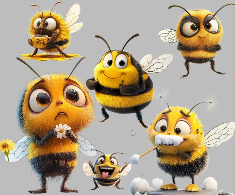 90+ funny bee clipart PNG bundle featuring quirky bumble bee stickers, cute cartoon bees, silly honeybee illustrations, whimsical bee art for scrapbooking, crafts, greeting cards, digital downloads, social media, POD & DIY projects. Transparent background, high-res 300 DPI.