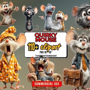Peut inclure: Une collection d'illustrations de souris fantaisistes dans diverses poses. Les souris sont représentées avec des visages expressifs et portent des vêtements. L'image comprend le texte "Quirky Mouse" et "110+ clipart". Le fond est gris neutre.