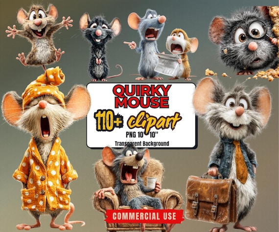 Funny Mouse Clipart Bundle: Quirky Cartoon Animal PNGs (Digital Download)