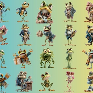 May include: A collection of whimsical frog illustrations, each uniquely dressed in various outfits and accessories. Some frogs wear headphones, bow ties, and scarves, while others hold gifts or office supplies. The background transitions from blue to yellow.