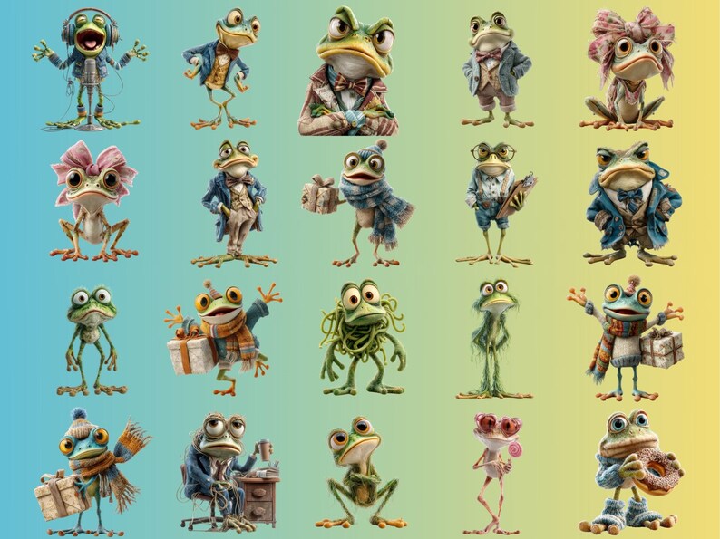 May include: A collection of whimsical frog illustrations, each uniquely dressed in various outfits and accessories. Some frogs wear headphones, bow ties, and scarves, while others hold gifts or office supplies. The background transitions from blue to yellow.