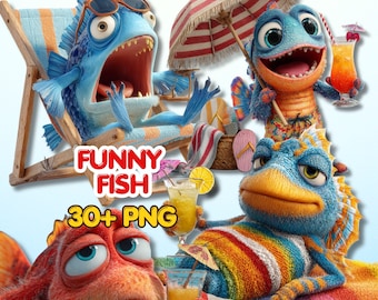 30+ Funny Cute Fish PNG - Preppy Summer Clipart Bundle - Under the Sea Hello Summer Teacher Stickers (Commercial Use - Digital Download)