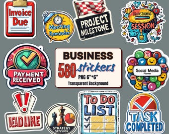 580 Digital Business Planner Stickers: Productivity & Goal Setting PNGs (Transparent Background, Commercial Use)