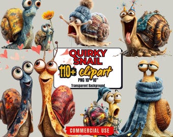 Funny Snail Clipart Bundle: Quirky Cartoon Animal PNGs (Digital Download)