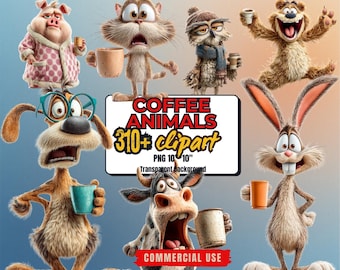 Funny Coffee Animals Clipart Bundle – Quirky PNGs for Mugs, POD