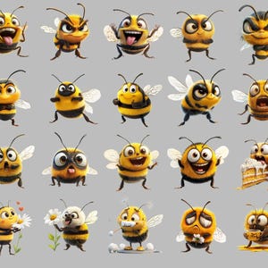 90+ funny bee clipart PNG bundle featuring quirky bumble bee stickers, cute cartoon bees, silly honeybee illustrations, whimsical bee art for scrapbooking, crafts, greeting cards, digital downloads, social media, POD & DIY projects. Transparent background, high-res 300 DPI.