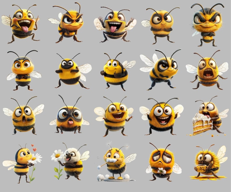 90+ funny bee clipart PNG bundle featuring quirky bumble bee stickers, cute cartoon bees, silly honeybee illustrations, whimsical bee art for scrapbooking, crafts, greeting cards, digital downloads, social media, POD & DIY projects. Transparent background, high-res 300 DPI.