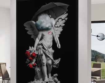 Modern Angel Wall Art Surreal Statue Canvas Print Black and White Pop Art Decor