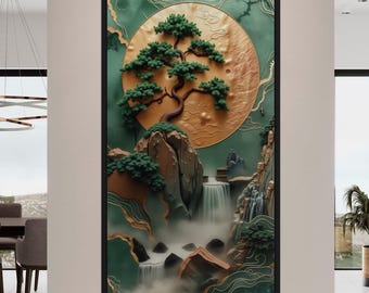 Puede incluir: Una obra de arte mural enmarcada que presenta un relieve detallado de un bonsái, una cascada y montañas. La obra de arte tiene una combinación de colores verde y dorado, con un gran sol dorado en el fondo. La pieza se exhibe en un entorno interior moderno.