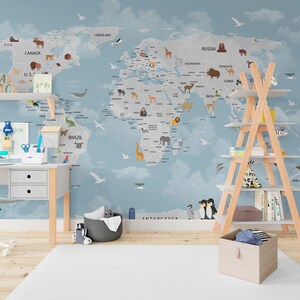Papel tapiz con mapa del mundo de animales para habitación de niños Murales de pared con mapas del mundo educativos para sala de juegos Adhesivos de pared con mapas de animales Papel tapiz para habitación de niños