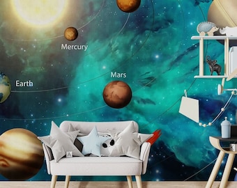 Space wallpaper for kids room Planets & stars print art Nursery wall decor Peel and stick wallpaper Dark vinyl wallpaper Wall mural