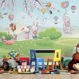 Animal nursery wallpaper Cute bunny bear wall mural Pastel kids room decor Peel And stick baby room wallpaper Removable playroom wall art