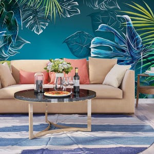 Carta da parati con foglie tropicali per il soggiorno, murale botanico blu staccabile e attaccabile, arte murale verde scuro della giungla per l'arredamento della casa, murale floreale rimovibile