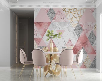 Carta da parati geometrica rosa per soggiorno Carta da parati geometrica astratta con linee dorate Carta da parati geometrica staccabile e adesiva Carta da parati rimovibile