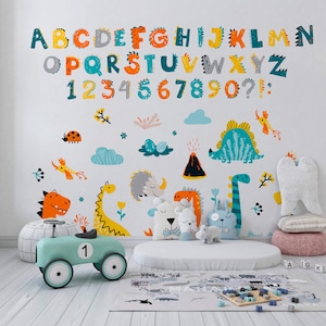 Papel de parede de dinossauro para sala de jogos Papel de parede do alfabeto ABC para berçário Mural de dinossauro removível e adesivo Adesivos de parede engraçados de dinossauro e letras para crianças