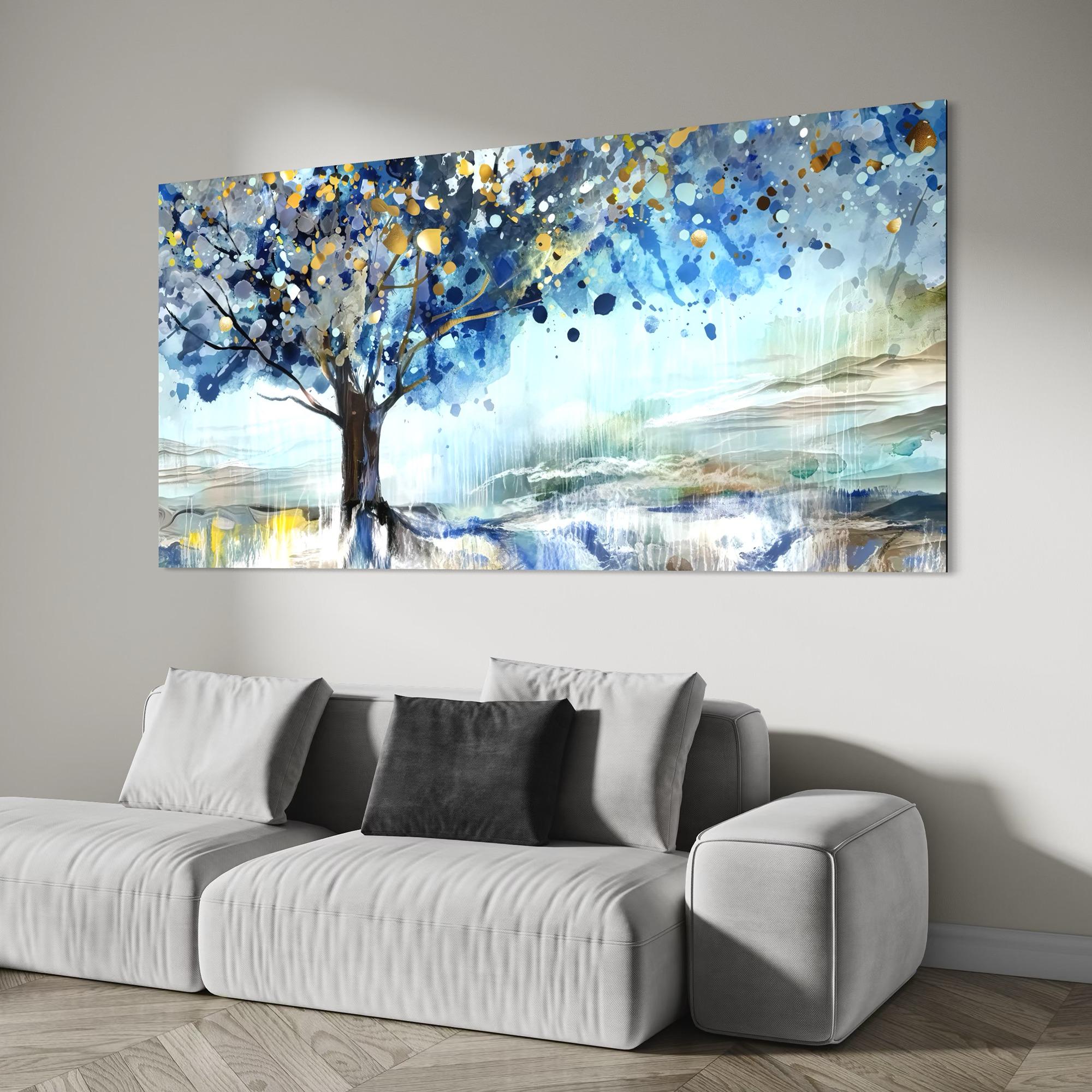 Abstract Blue Tree Canvas Wall Art, Watercolor Landscape Painting ...
