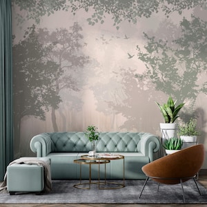Misty forest murals home decor Foggy forest vinyl wallpaper for bedroom Peel and stick mural Custom removable wallpaper Nature wall art