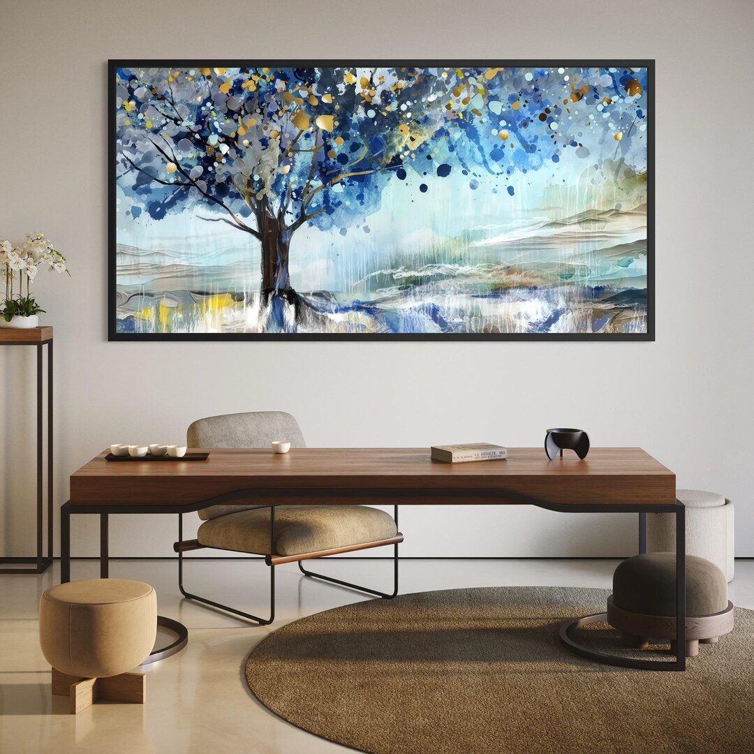 Abstract Blue Tree Canvas Wall Art, Watercolor Landscape Painting ...
