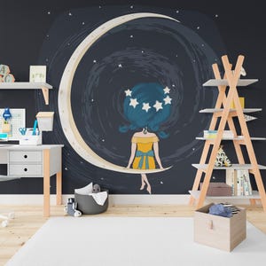 Carta da parati murale per cameretta dei bambini con luna e stelle: carta da parati staccabile e adesiva con cielo notturno fantasy