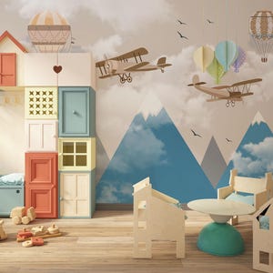 Airplane and hot air balloon wallpaper for kids room Mountain wallpaper for nursery Peel and stick wallpaper for playroom Seamless pattern