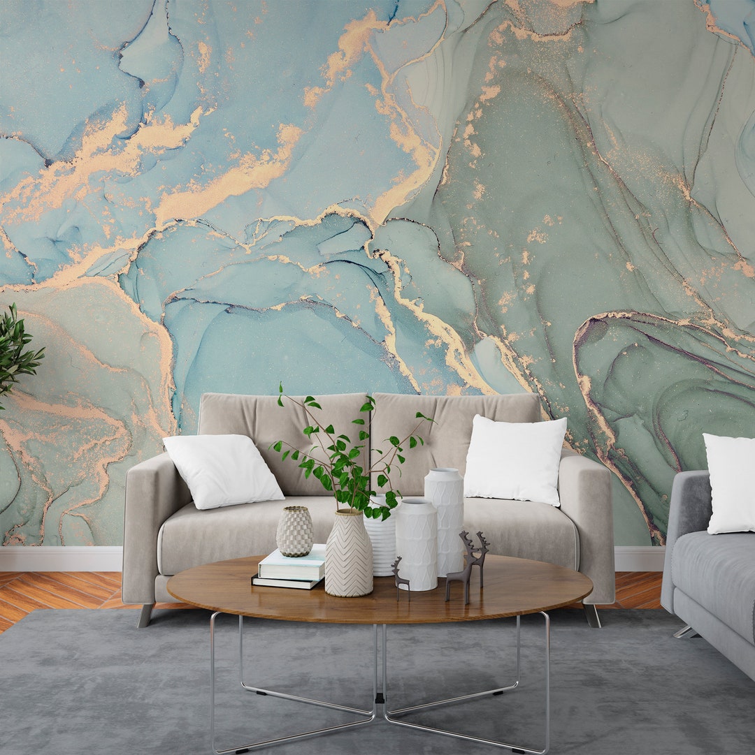 Luxury Blue and Gold Marble Wallpaper for Living Room Abstract Textured ...
