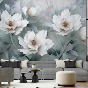 3D White Flower Wall Mural: Peel and Stick Floral Wallpaper