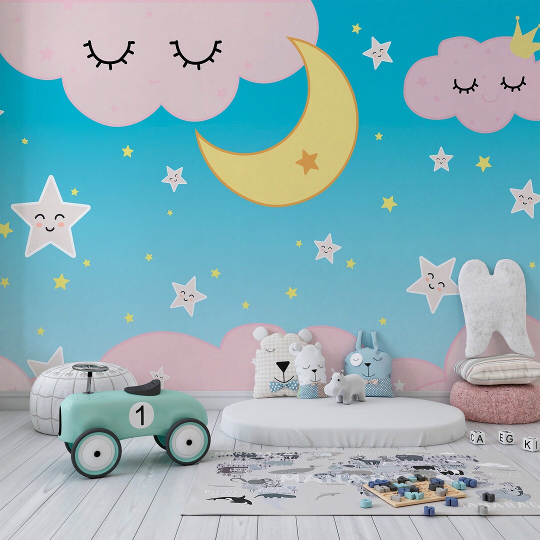 Starry Night Wallpaper for Baby Room Decor Peel & Stick Mural Pink