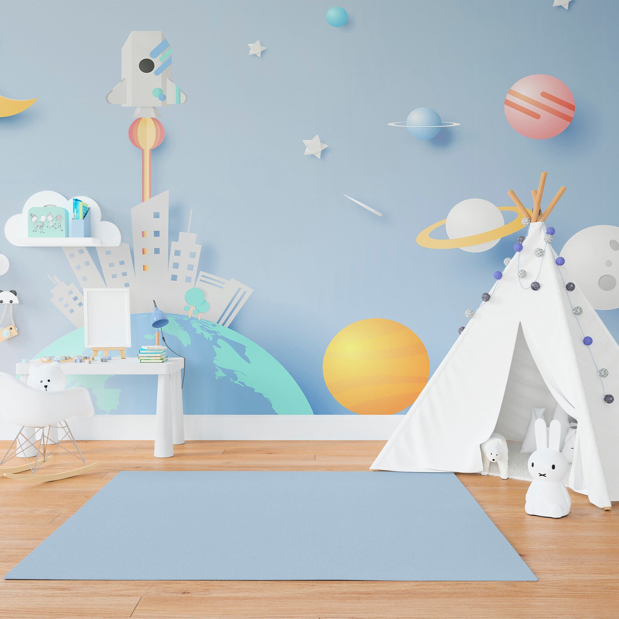 Planets & Stars Wallpaper Space Decor for Kids Room Peel and Stick ...