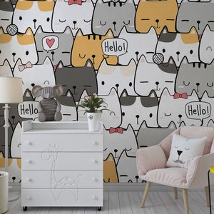 Playful Cartoon Cat Wallpaper: Kids&#39; Room Wall Mural