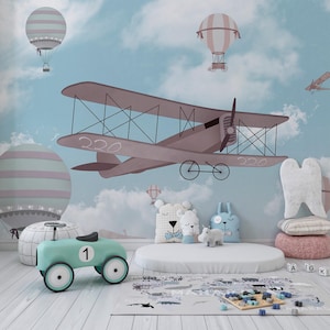 Flying planes wall decor for playroom Airplane nursery wallpaper peel and stick Aviation wall decals Hot air balloon wallpaper for kids room