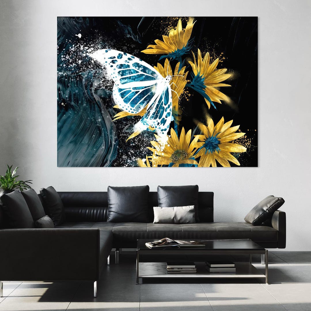 Butterfly Canvas Wall Art Gold Floral Painting Blue Abstract Decor ...