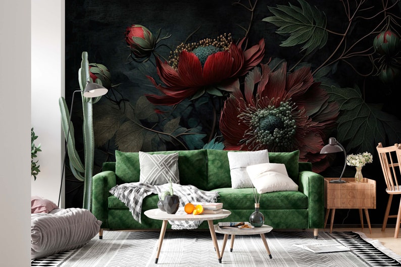 Red Flower Wall Mural Peel and Stick Dark Floral Wallpaper for Living ...