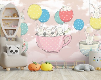 Kindertapete mit Luftballons und Hasen Schälen und aufkleben Wandbild Bunte wiederablösbare Tapete fürs Kinderzimmer Skurrile Tapete Babyzimmer Dekor