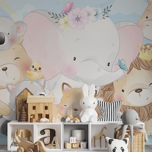 Lindo mural de papel tapiz de animales para guardería. Papel tapiz de animales de safari despegable y adhesivo para sala de juegos. Papel tapiz de animales de acuarela para habitación de niños pequeños.