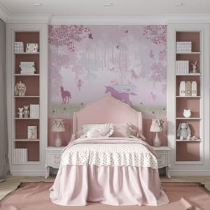 Carta da parati unicorno rosa per la camera da letto delle bambine Carta da parati foresta fantasy per la cameretta dei bambini Carta da parati unicorno per la camera dei bambini Carta da parati foresta rosa