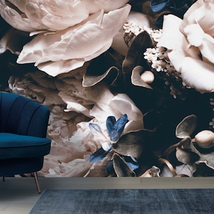 Peel and stick floral wallpaper Dark botanical wallpaper Vintage flower mural Elegant peony print Removable wallpaper for living room office