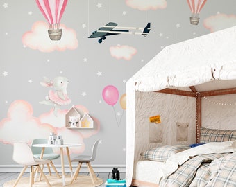 Papier peint montgolfière pour chambre d'enfant Imprimé nuages gris et roses Papier peint autocollant Décoration murale tendance Papier peint coloré pour chambre de bébé