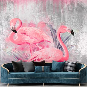 Flamingo wall mural for contemporary bedroom Peel and stick flamingo wallpaper Seamless pattern wallpaper Vintage tropical wallpaper