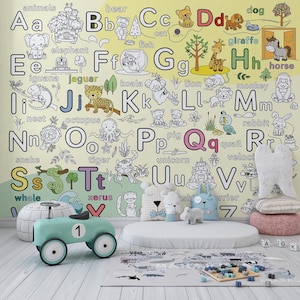 Alphabet lernen Wandbild für Kinderzimmer Interaktive Ausmaltapete für Spielzimmer Nahtlose Muster ABC Tapete Schälen und aufkleben Wandbild