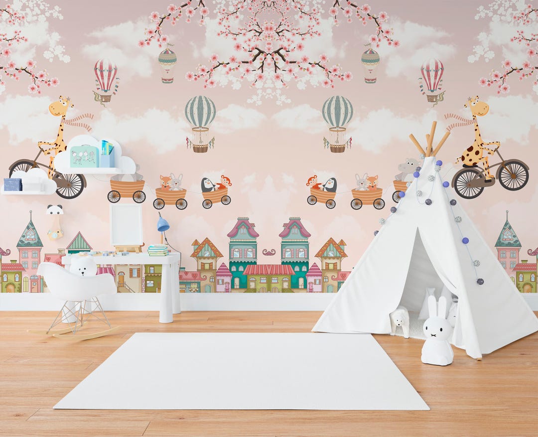 Cute Animal Wallpaper for Nursery Giraffe and Balloon Wall Mural for ...