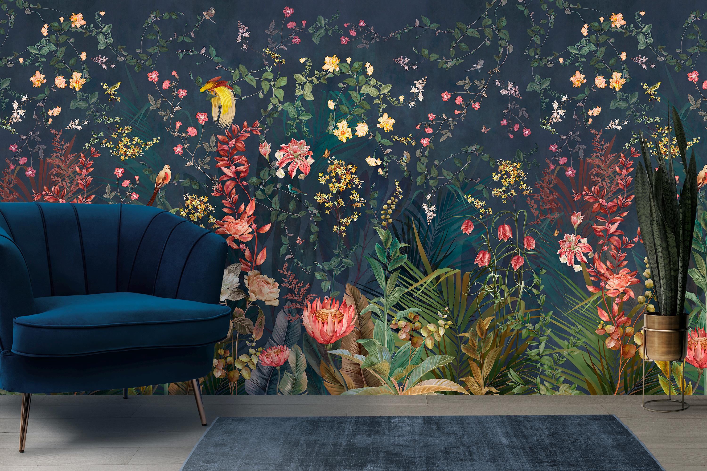 Dark Floral Wallpaper Mural for Living Room Botanical Wallpaper With ...