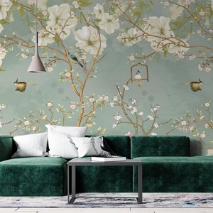 Papel tapiz floral de lujo para sala de estar Elegantes decoraciones florales para paredes Murales despegables y adhesivos Papel tapiz de pájaros y flores Papel tapiz sin costuras