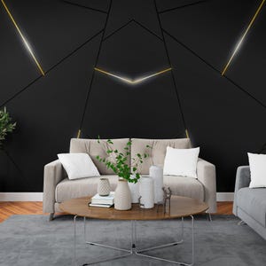 Black abstract wallpaper with gold pattern Geometric wallpaper Abstract wall art for bedroom Peel and stick murals Seamless pattern
