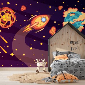 Dark cosmic wallpaper Kids wallpaper Spaceship wallpaper Space wall mural for baby room decor Planet and star wallpaper mural Peel and stick